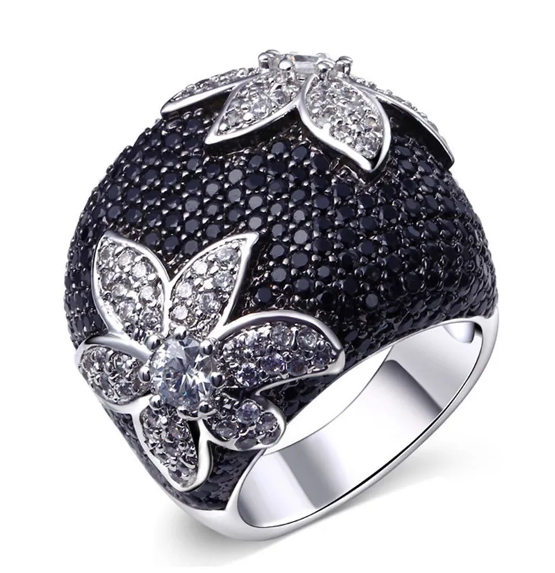 

Charming Stone Ring Black Zircon Fashion Women Wedding Flower Jewelry Black Gold Filled Engagement Rings Bague Femme