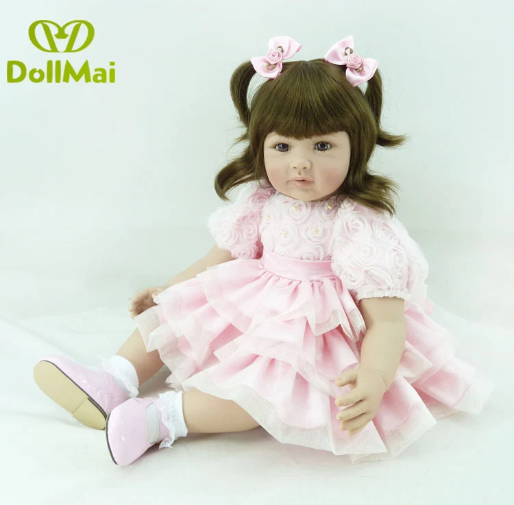 

24" girl doll reborn soft silicone reborn babies with pink dress doll fashion children gift dolls toys bebes bonecas menina