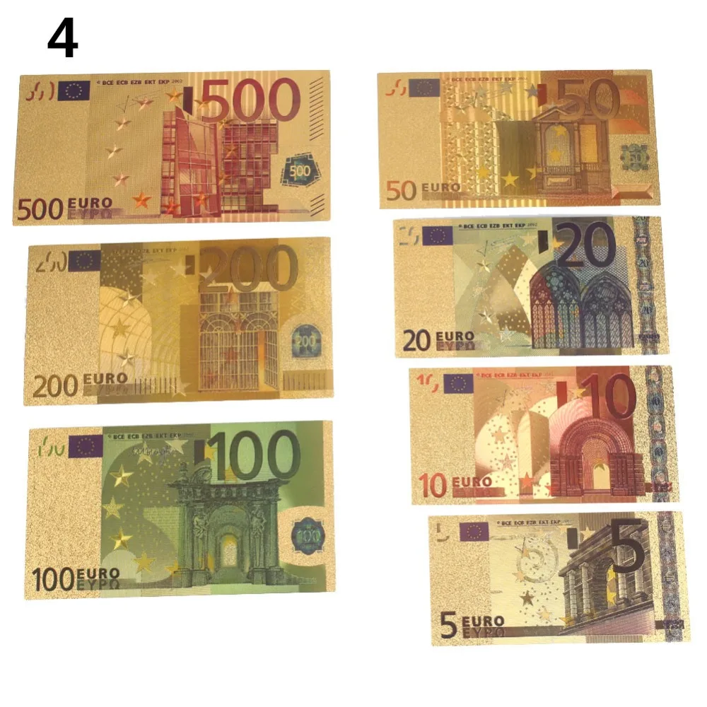 7 шт. 5-500Dollar 24K позолоченные евро поддельные деньги памятные заметки коллекция Сувенир Высокое качество Античное покрытие украшения