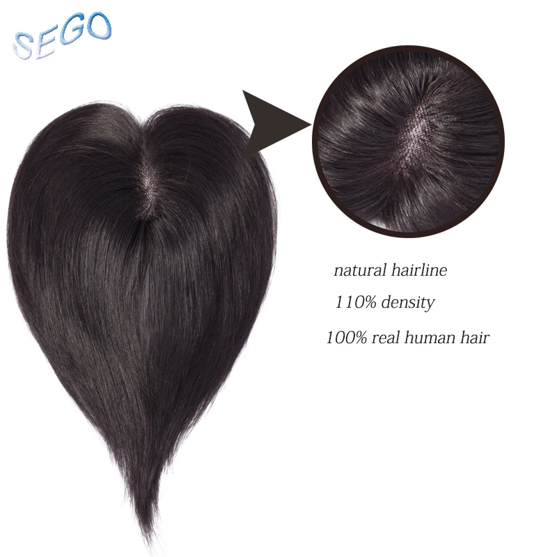SEGO 6 Inches 7*8 Mono and PU Straight Hair Topper Toupee For Women Pure Color Hair Pieces With 2 Clip-in Non-Remy Hair Pieces