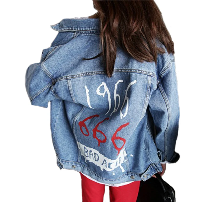 

Hip Hop Printed Denim Jackets Unisex Streetwear Autumn Denim Jackets For Women Large Sizes Lapel Single Breasted Casual Coat