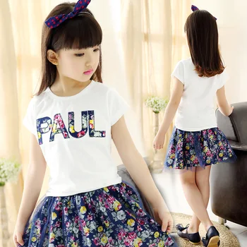 

Kids Girls Summer Children Female Child T-shirt Princess Skirt Clothing Sets Flowers Printing White Yellow Pink