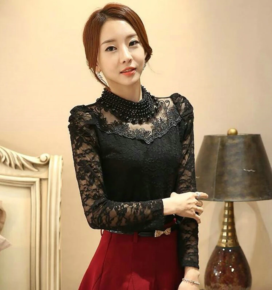 Lace Blouse 2017 Fashion Autumn Women Blouse with Long Sleeve White Studded Beaded Pluse Size Blouses04