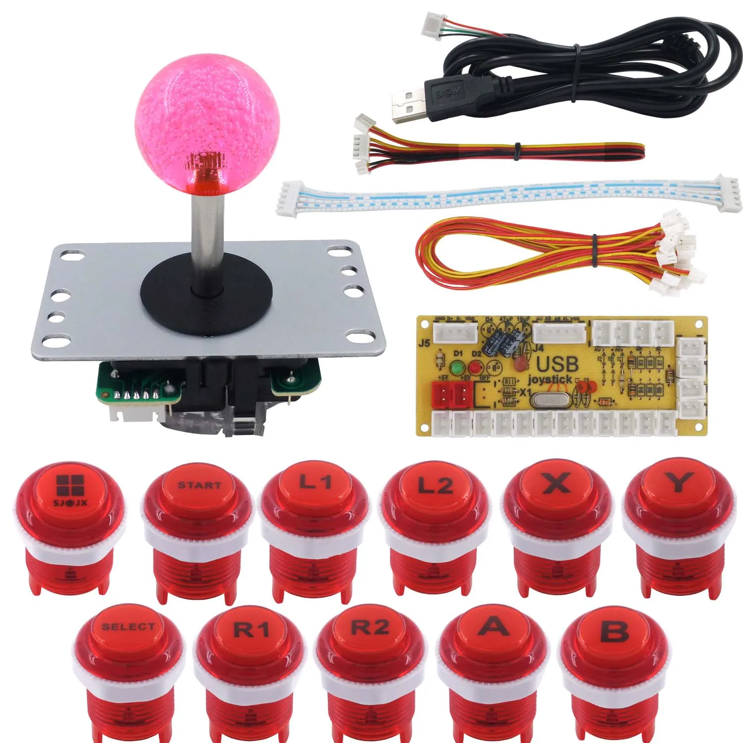 SJ@JX Arcade 2 Player Game Controller Stick DIY Kit LED Buttons with Logo MX Microswitch 8 Way Joystick USB Encoder Cable for PC MAME Raspberry Pi Color Mix 