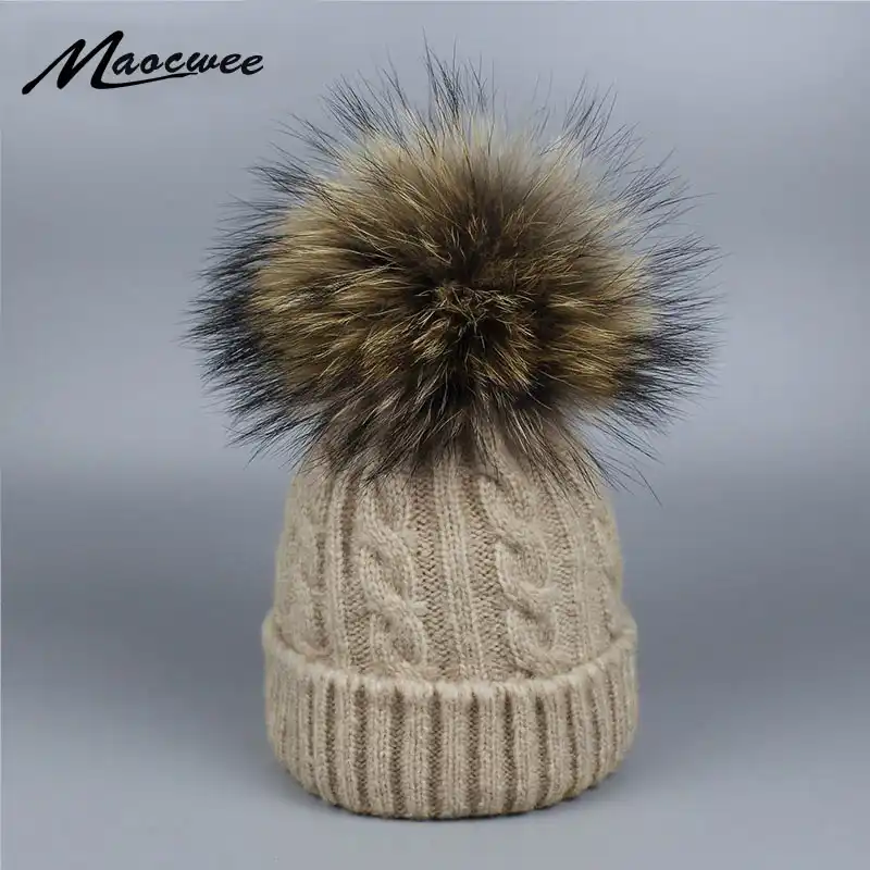 Adult Winter Hat Women Double Real Fur Ball Pom Poms Lady Knitted 16cm Beanies Adult Winter Hat Women Double Real Fur Ball Pom Poms Lady Knitted 16cm Beanies