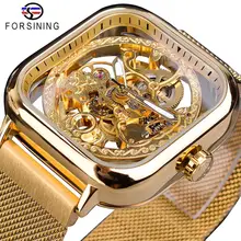 Forsining Golden Men Automatic Watch Square Skeleton Mesh Steel Band Mechanical Business Clock Relogio Masculino Erkek Kol Saati top sales silver steampunk skeleton automatic mechanical pocket watch with chain erkek kol saati watches men unisex gifts clock