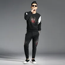 Осенне-зимний модный комплект из двух предметов с вышитым животным узором, мужская Толстовка и штаны, повседневный мужской спортивный костюм, спортивный костюм