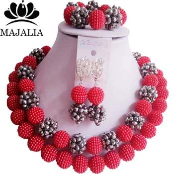 

Majalia Fashion Nigeria Wedding African Beads Jewelry Set Red and Silver Crystal Necklace Bridal Jewelry Sets 2CT021