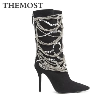 

Black suede women's mid calf boots autumn and winter fashion super high with chain rhinestone decorative pointed female booties