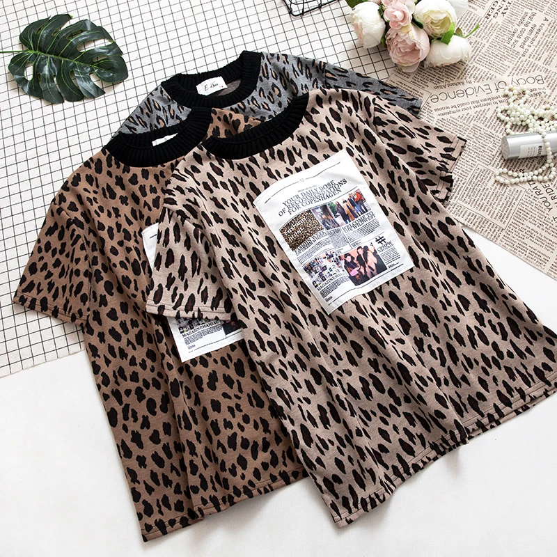 

Spring Summer Tops Women Korean Front Letter Sticking Cloth Leopard O-Neck Short Sleeve Plus Size T-shirt casual Tee Shirt Femme