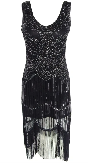 Женское платье 1920s с Блестками, Бисером, кисточками, подолом, хлопушкой, без рукавов, черное, серебряное, с вышивкой, с бахромой, вечерние платья Great Gatsby - Цвет: black