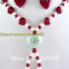 Huij 001751 модный набор белый пресноводный жемчуг и красный нефрит ожерелье серьги драгоценные камни ювелирные изделия