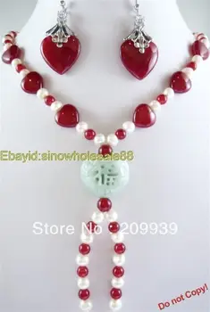 

huij 001751 Fashion Set White Freshwater Pearl & Red Jade Necklace Earring gemstone jewelry