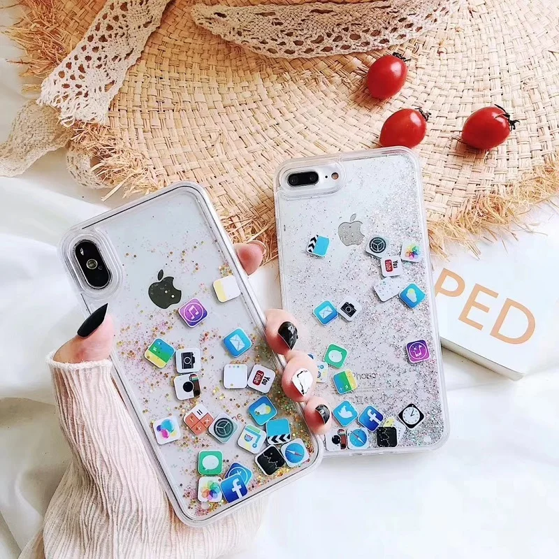

For iPhone 8 Liquid Hard PC Clear Phone Shell For iPhone 6 6S 7 8 Plus X XS XR MAX Cases Quicksand Cover Cute APP icon Case Capa