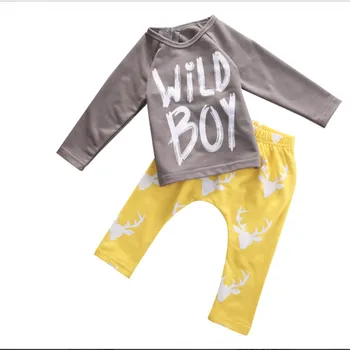 

Baby Boys Spring Autumn Long Sleeve "Wild Boy" T-shirt and Pants Outfit (90(12-18M), Grey+yellow) Apparel
