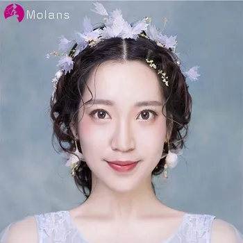 

MOLANS Super Immortal Yarn Flower Hairbands for Bridal Wedding Korean Handicraft Silk Leaf Alloy with Beads Women Hair Ornament