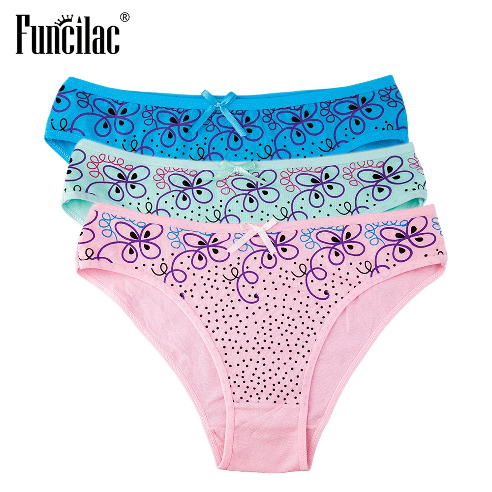 

FUNCILAC Brand Underwear Women Sexy Bikini Pink kawaii Panty Dot Floral Print Briefs Cotton Seamless Knickers Free Shiping 3pcs