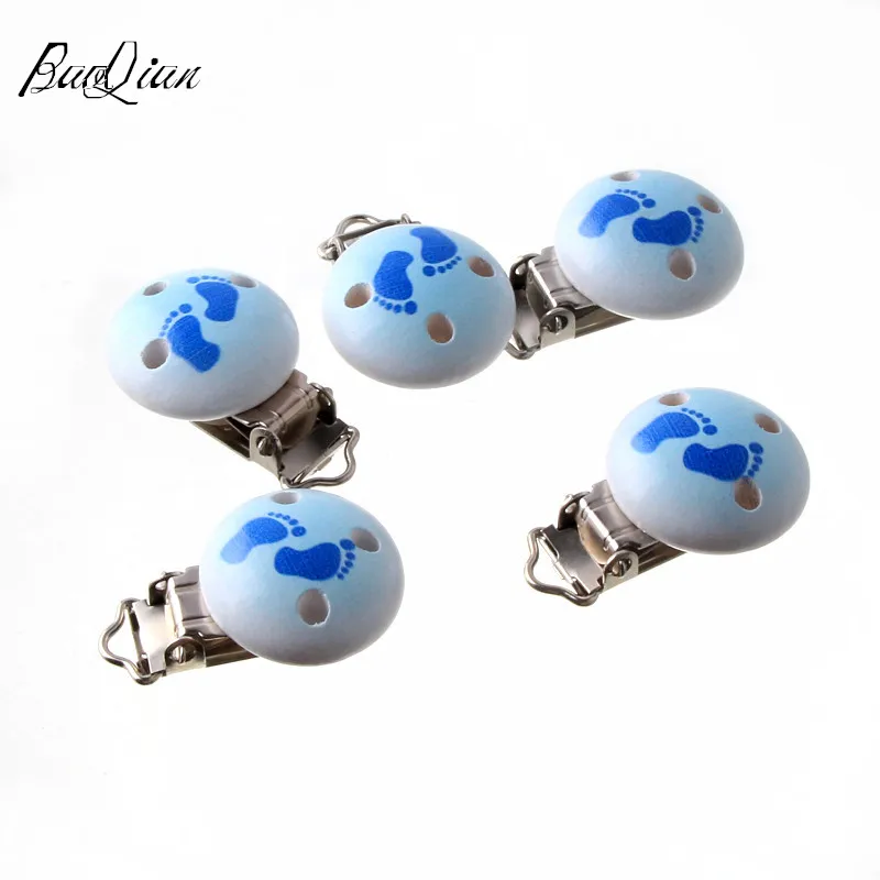 

5pcs Mixed Cute Pacifier Clasps Wooden Blue Feet Pattern Health Holders Child Funny pacifier Holder Clips