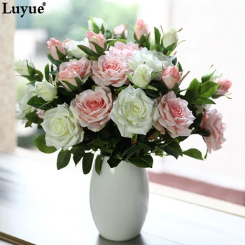 

5 Pieces PU Flowers Branch Rose heads bouquet High Quality Real Touch Rose Artificial Silk Flower For Wedding Decoration