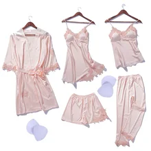 Новинка, зимний женский шелковый халат, топы, шорты, пижамы, сексуальный комплект пижам с длинными рукавами, Camisole, кружевное нижнее белье, домашняя одежда, 5 шт