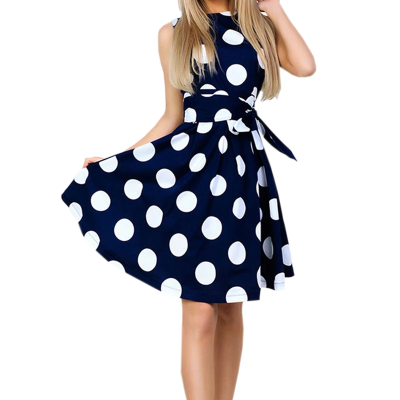 

Girl Sweet Summer Dot Mini Dress Femme Sleeveless O-neck Vintage Dresses Women Beach Kawaii Polka Dot A-Line Sundress PL510G