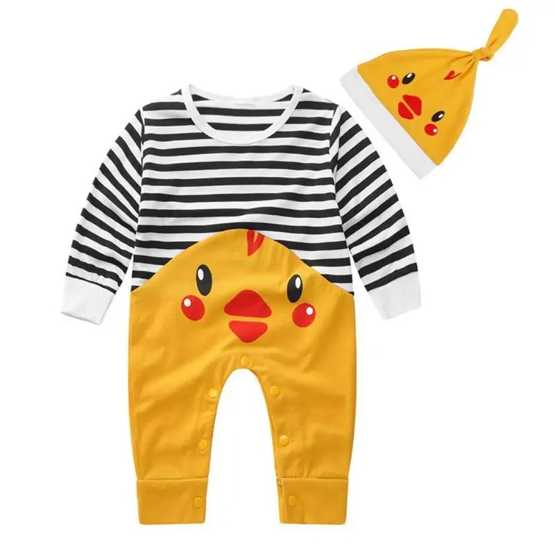 

Baby Rompers 2pcs Baby Stripe Stitching Chick Cartoon Long Sleeve Romper Jumpsuit Hat Newborn Babies Girls Boy Clothes