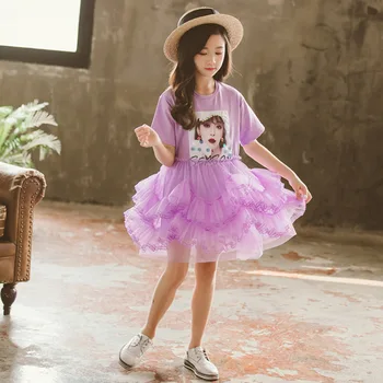 

Girls Wear Cute Lace Dress 2019 New Summer Short-sleeved Round Neck Vetement Clothes Mesh Dress Children Princess Party Dresses