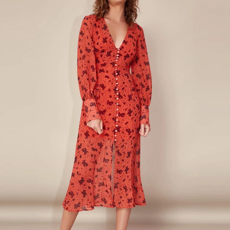 

Vintage Deep V-neck Long Sleeve Red Mid-calf A-line DressEmpire Waist Black Printed Front Button Design Chiffon Dress