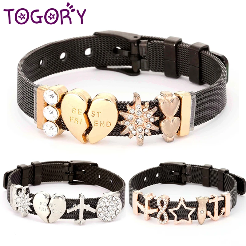 

TOGORY Best Friend Charms Bracelets For Women Black Mesh Fine Bracelet Stainless Steel Bacelets Bangle As Friend Gift Jewelry