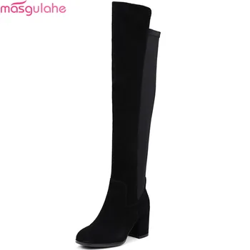 

Masgulahe 2018 fashion women boots square toe zipper cow suede ladies boots black leather square heel over the knee boots