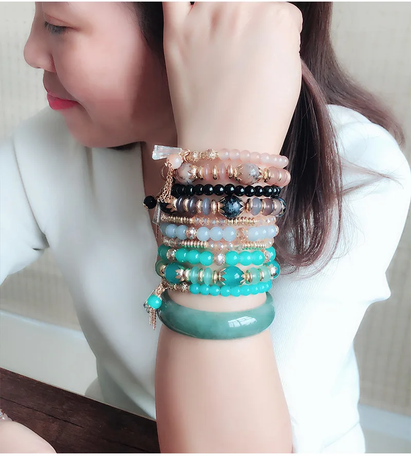 Богемные высокого качества Многослойные Хрустальные акриловые браслеты и браслеты из бисера эластичный браслет элегантный браслет для женщин