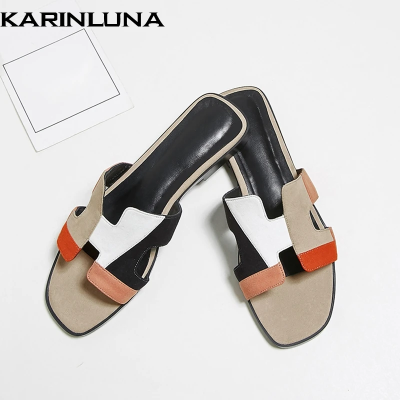 

karinluna 2019 brand design dropship genuine leather sheepskin slippers woman shoes flat mixed colors women shoes summer slides