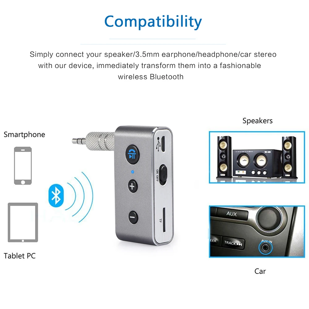  3.5mm Bluetooth 4.2 Receiver Rechargeable Music Audio Adapter Hands-free Car Kit AUX A2DP Receiver 