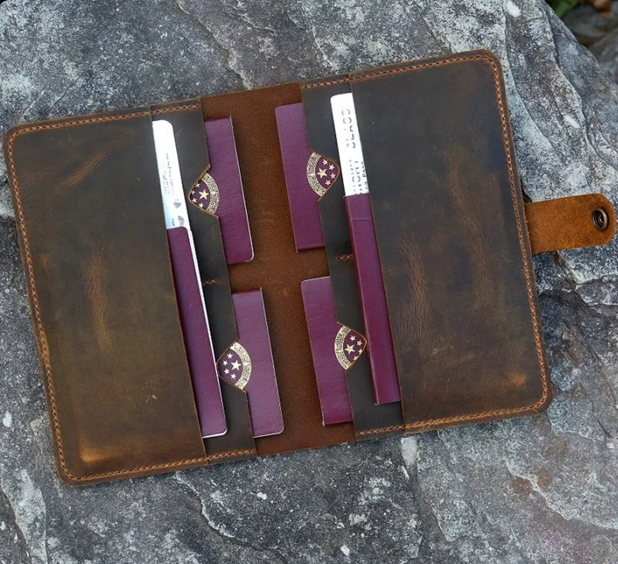 Leather family 6 passport travel wallet cover case / Personalized
