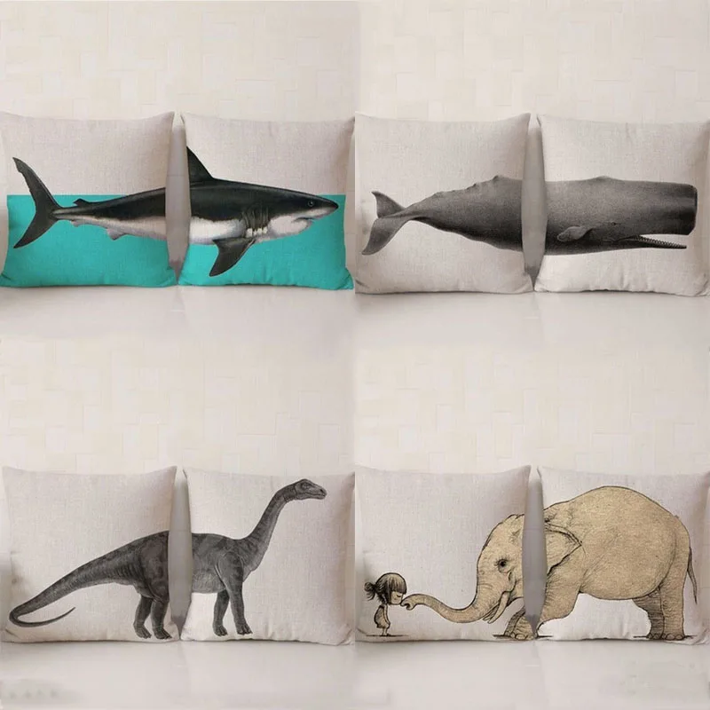 

Wild Animal Pillow Case Cotton Linen Chair Seat Waist Square Shark Elephant Dinosaur Pattern Pillow Cover Home Decorative
