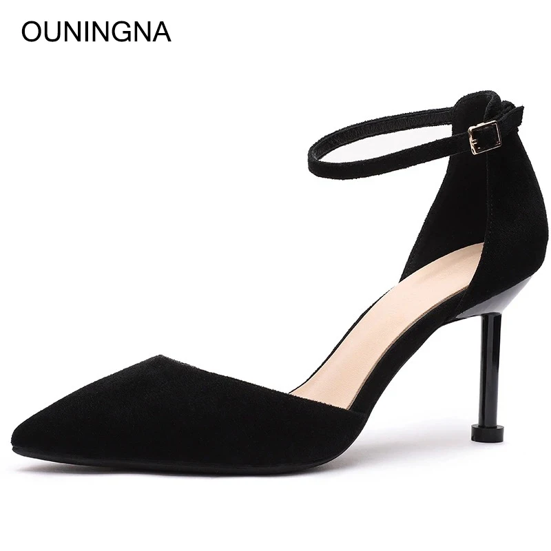 

OUNINGNA Brand Women's Single Shoes 2019 Summer Autumn New Arrival Flock Pointed Toe High Heels Office Lady Career Elegant Pumps