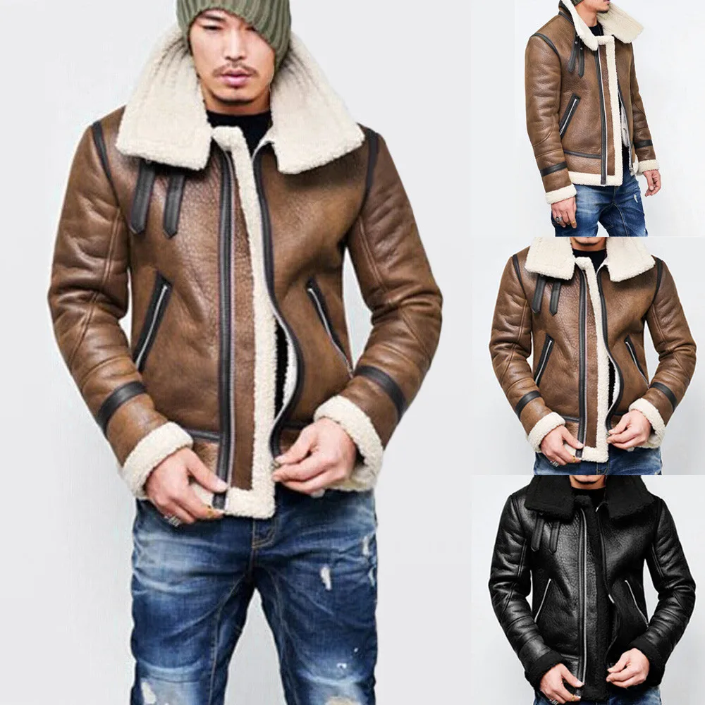 

New 2018 Fashion Men's Zipper Jacket Coat Warm Fur Liner Lapel Leather Outwear Streetwear Jackets Outwear Top Coat