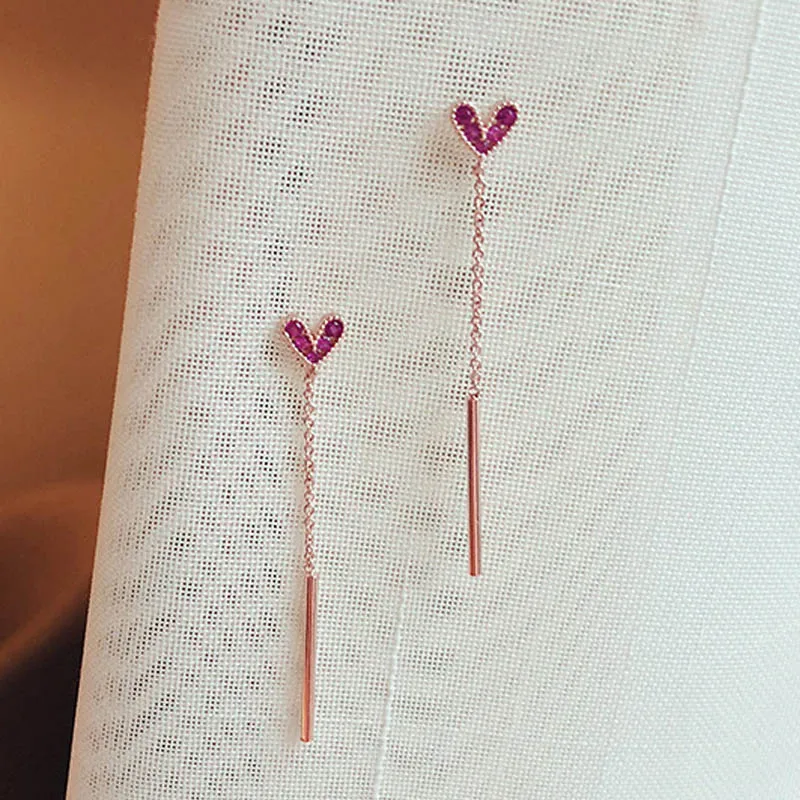 

Sweet Cubic Zirconia Heart S925 Sterling Silver Stud Earrings Rose Gold Long Tassel Earring for Women Wedding Party Gift Jewelry
