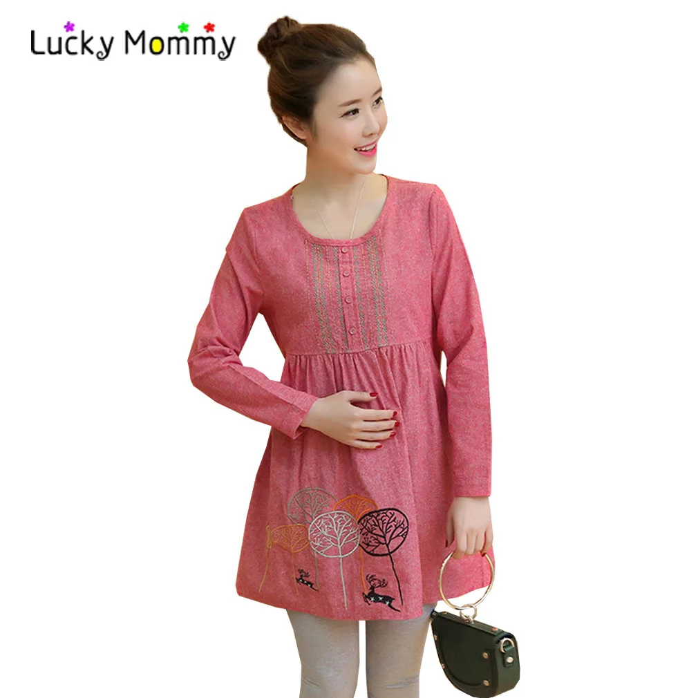 Solid Color Linen Cotton Embroidery Maternity Blouse Plus Size Female