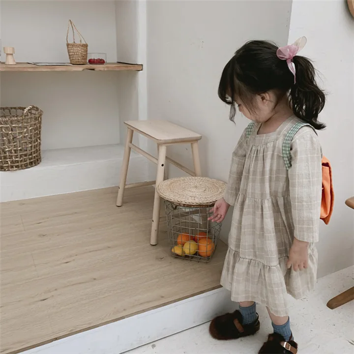 Клетчатое платье в Корейском стиле для девочек Осенняя детская одежда из хлопка и льна с длинными рукавами платья для девочек от 1 до 6 лет