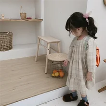 Клетчатое платье в Корейском стиле для девочек Осенняя детская одежда из хлопка и льна с длинными рукавами платья для девочек от 1 до 6 лет