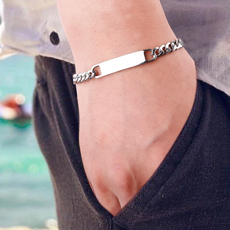 

100% Stainless Steel Men's Bracelet Blank Plate Metal ID Tags Bracelets Personalized Custom Name Bangle&Bracelet Wholesale 10pcs