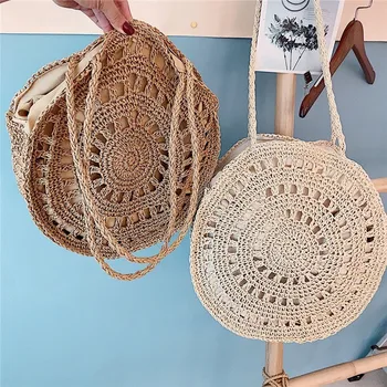 

Casual Rattan Women Shoulder Bag Circular Straw Handbags Big Capacity Handmade Summer Totes Lady Round Bohemian Travel Beach Bag