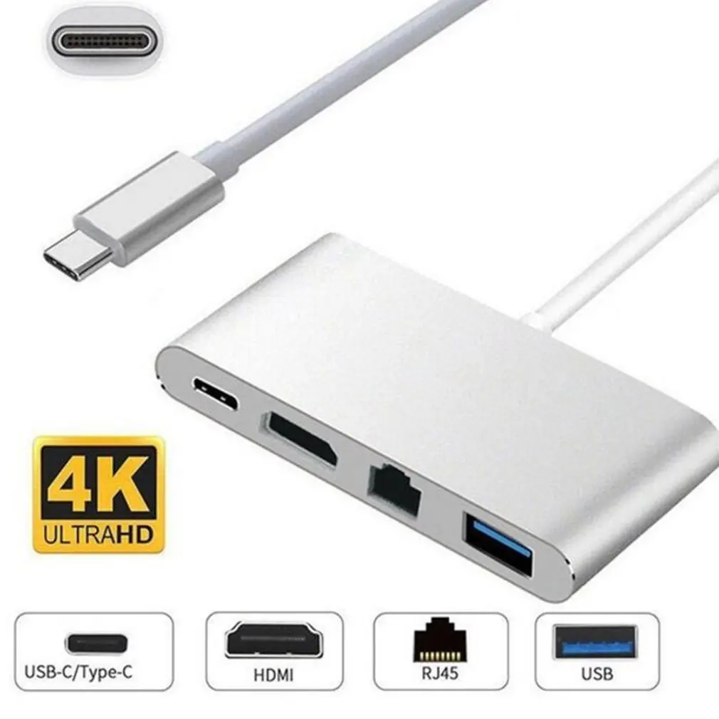 Портативный Профессиональный 4 в 1 зарядки Порты и разъёмы адаптер Gigabit Ethernet Тип C к HDMI USB 3,0 конвертер 4 К HDMI концентратор