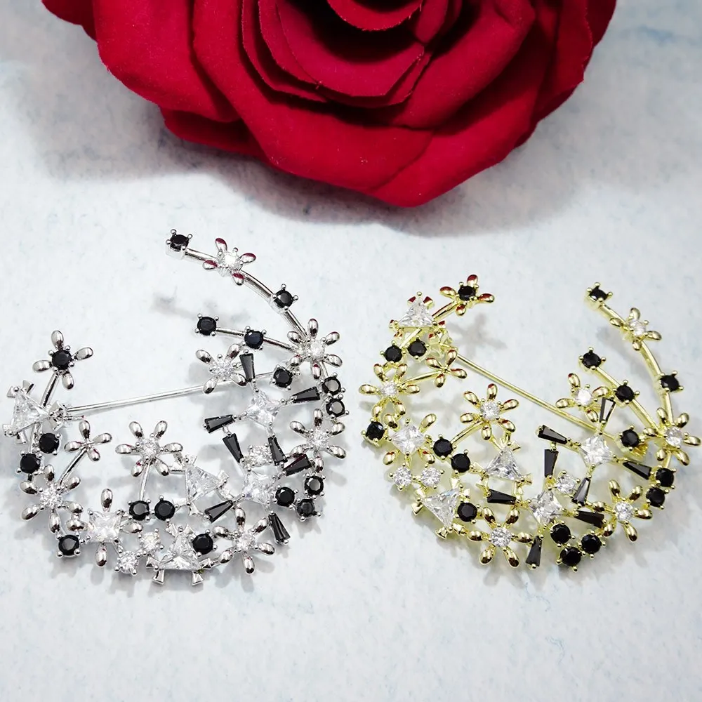 

New Shining Cubic Zirconia Moon Flower Brooches Women Lady Fashion Wedding Korean Brooch Collar Pins Jewelry Gift