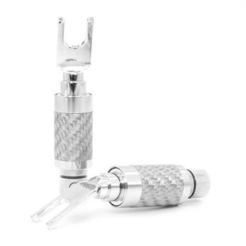 

Free shipping 4pcs Carbon Fiber Rhodium plated Terminal Connector Speaker Cable Spade Plug Copper