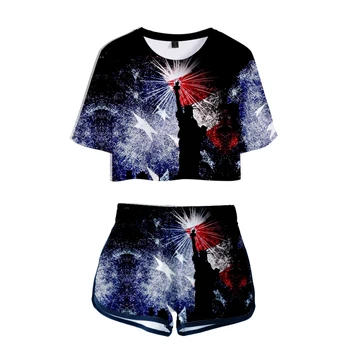 

Independence Day Printed Women two piece set New game Oversize Navel short sleeve and Pokemo Short Pants O-neck Summer Set