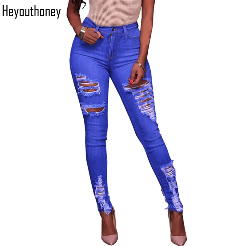 

Heyouthoney high quality women blue plus size S-2XL boyfriend sexy high waist hole ripped distressed denim pencil jeans