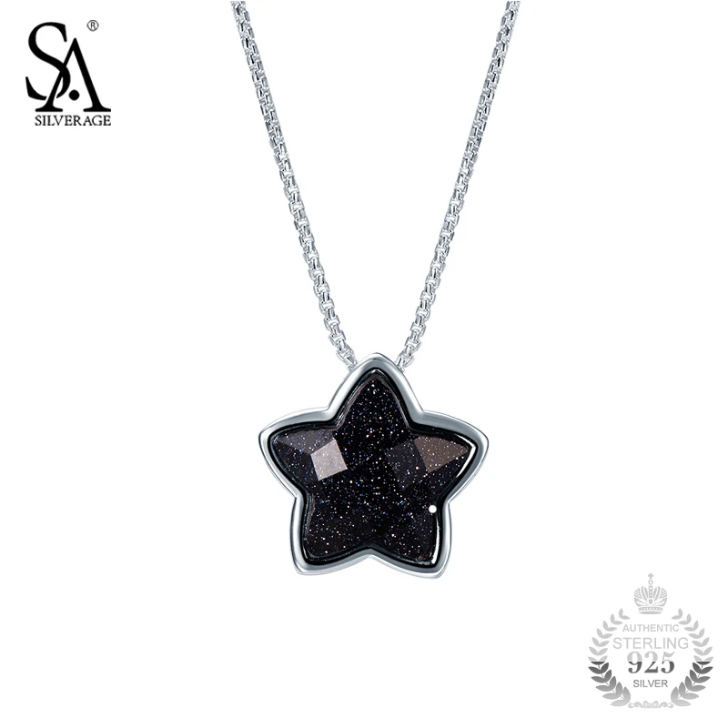 

SA SILVERAGE 925 Silver Pendant Necklace Black Gemstone Star Real Silver Jewelry Necklace for Women Birthday Gift
