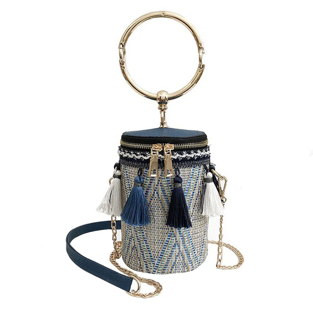 Летняя модная новая сумка, высокое качество, соломенная сумка, женская сумка, круглая Сумка-тоут, ручное металлическое кольцо, кисточка, цепь, сумка для путешествий#40 - Цвет: Синий